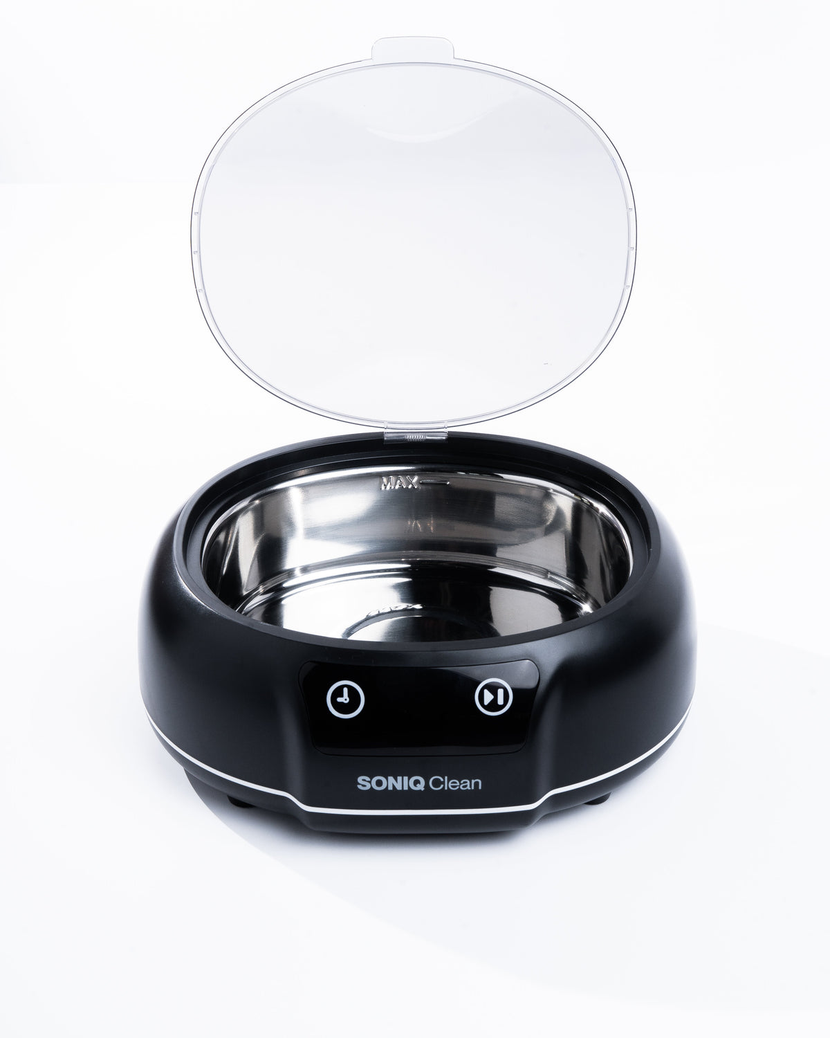SONIQ Clean with its lid open and stainless-steel cleaning tank visible